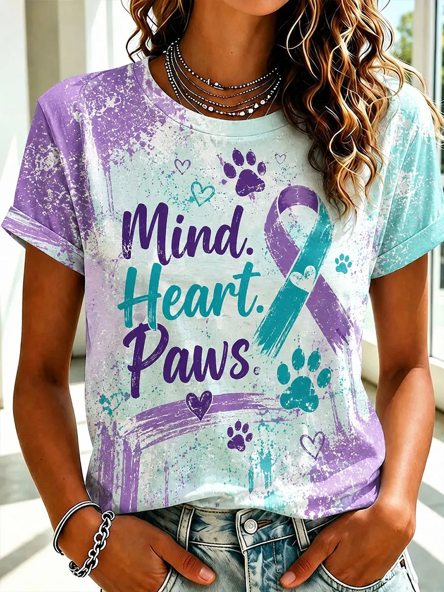 Women’s Mental Health Awareness Teal Purple Ribbon Paw Print T-Shirt