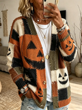 Women'S Casual Pumpkin Patchwork Knitted Cardigan Top
