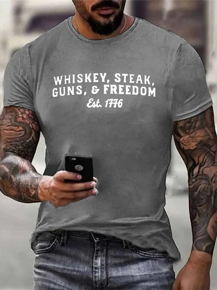 Whiskey Steak Guns And Freedom Print 100% Cotton T-Shirt