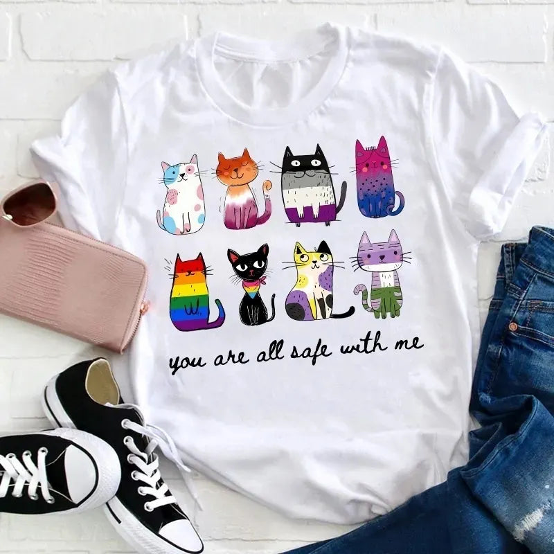 Rainbow Color Cats You Are All Safe With Me Cotton T-Shirt