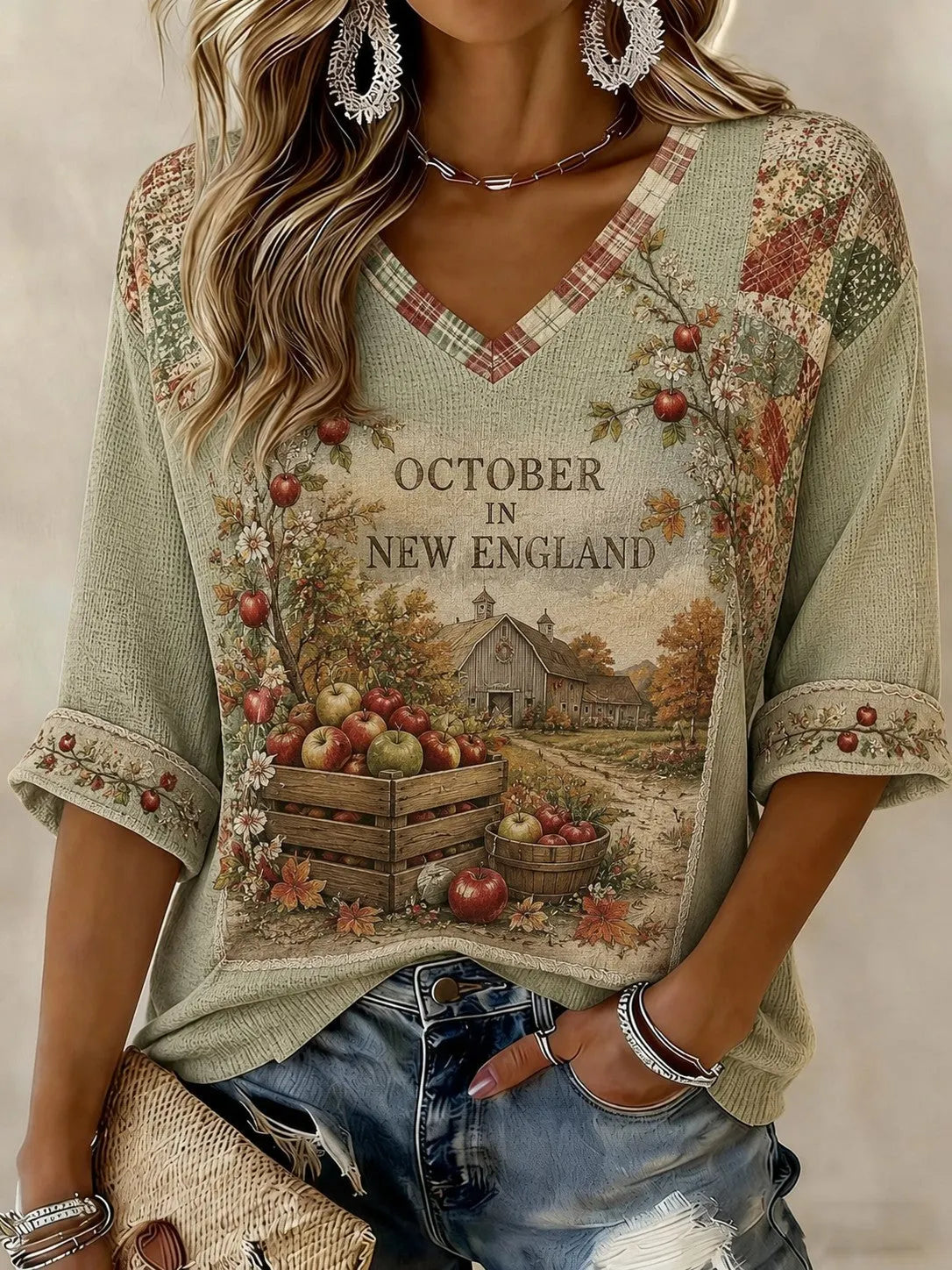 Women's OCTOBER IN NEW ENGLAND Printed Mid-length Sleeves V-neck T-shirt