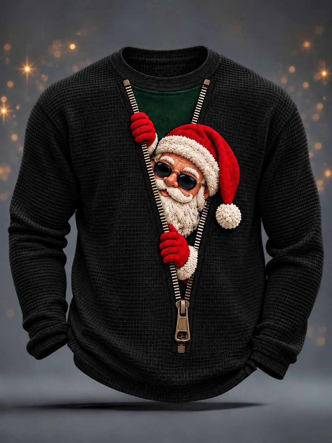 Herren-Weihnachts-Waffel-Langarmshirt mit Weihnachtsmannmotiv