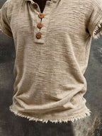 Men'S Retro Cotton-Linen Short-Sleeve Hoodie With Frayed Edges