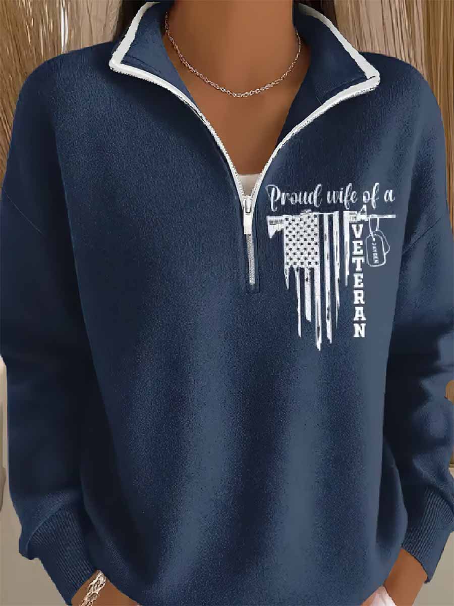 Women's Veterans Print Zip-Up Stand Collar Sweatshirt