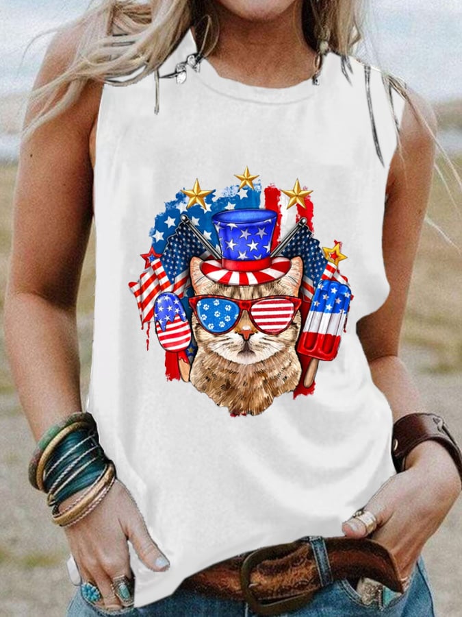 Women's Independence Day Cat Patriotic American Flag Printed Casual Tank Top