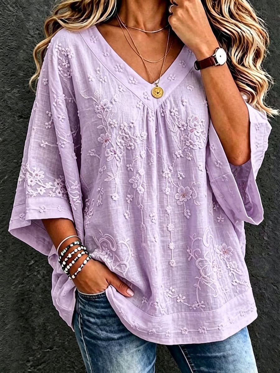 Women'S Cotton And Linen Floral Casual Vacation Top