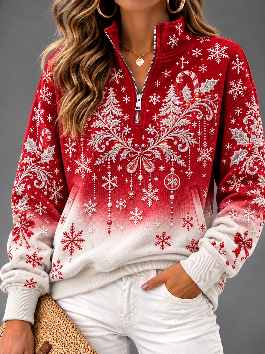 Women's Vintage-Style Christmas Snowflake Stand-Collar Top