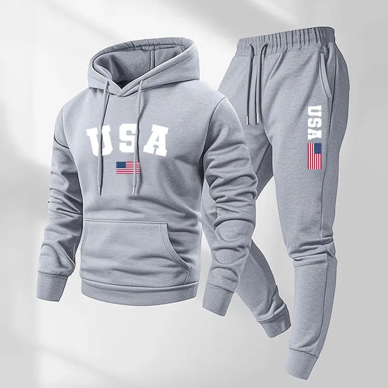 Men's USA Letter Printed Hoodie and Drawstring Sweatpants Set