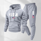Men's USA Letter Printed Hoodie and Drawstring Sweatpants Set