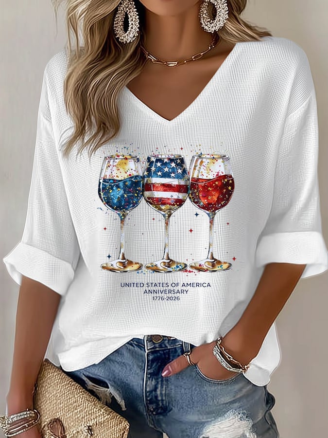 Women's Casual 250th Anniversary Printed Waffle Top
