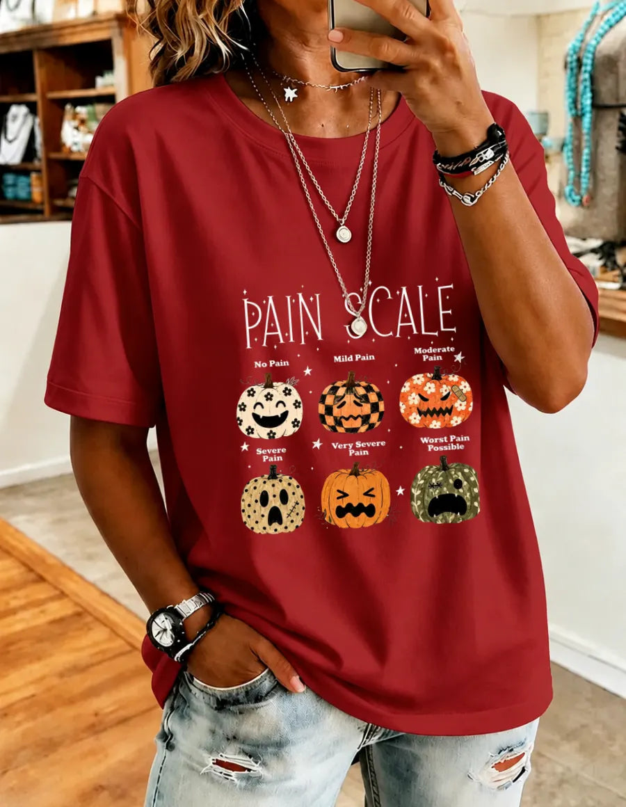 Women's  Halloween Fun Pumpkin Pain Scale Print Cotton T-Shirt