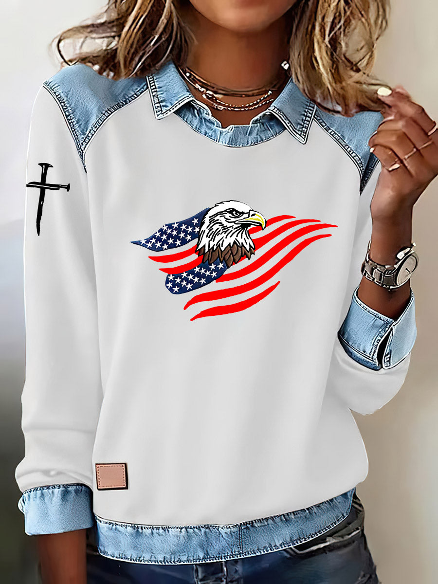 Women'S Flag And Bald Eagle Print Lapel Long Sleeve Top