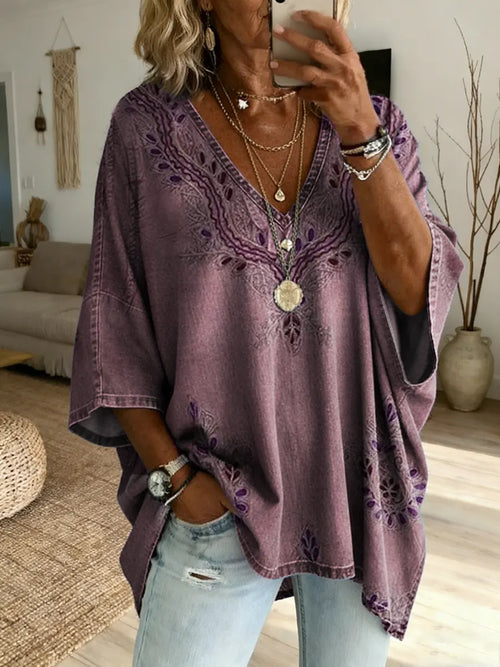 Ethnicity Texture Flowers Women's Art Print Casual Washed Cotton Denim Top