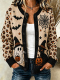 Women's Halloween Black Cat Witch Pumpkin Cardigan-Style Knit Jacket