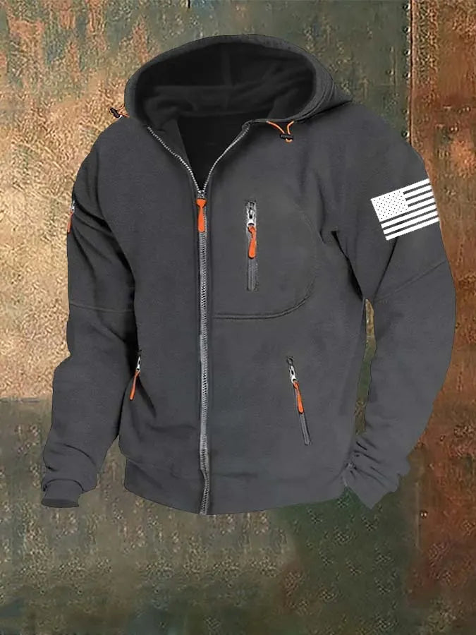 American Flag Fleece Contrast Raglan Zip Pattern Pocket Sweatshirt
