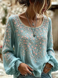 Women's Pink Cherry Blossom Embroidered Art Crew Neck Long Sleeve Linen Blend Top