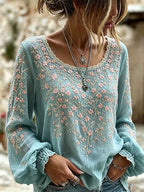 Women's Pink Cherry Blossom Embroidered Art Crew Neck Long Sleeve Linen Blend Top