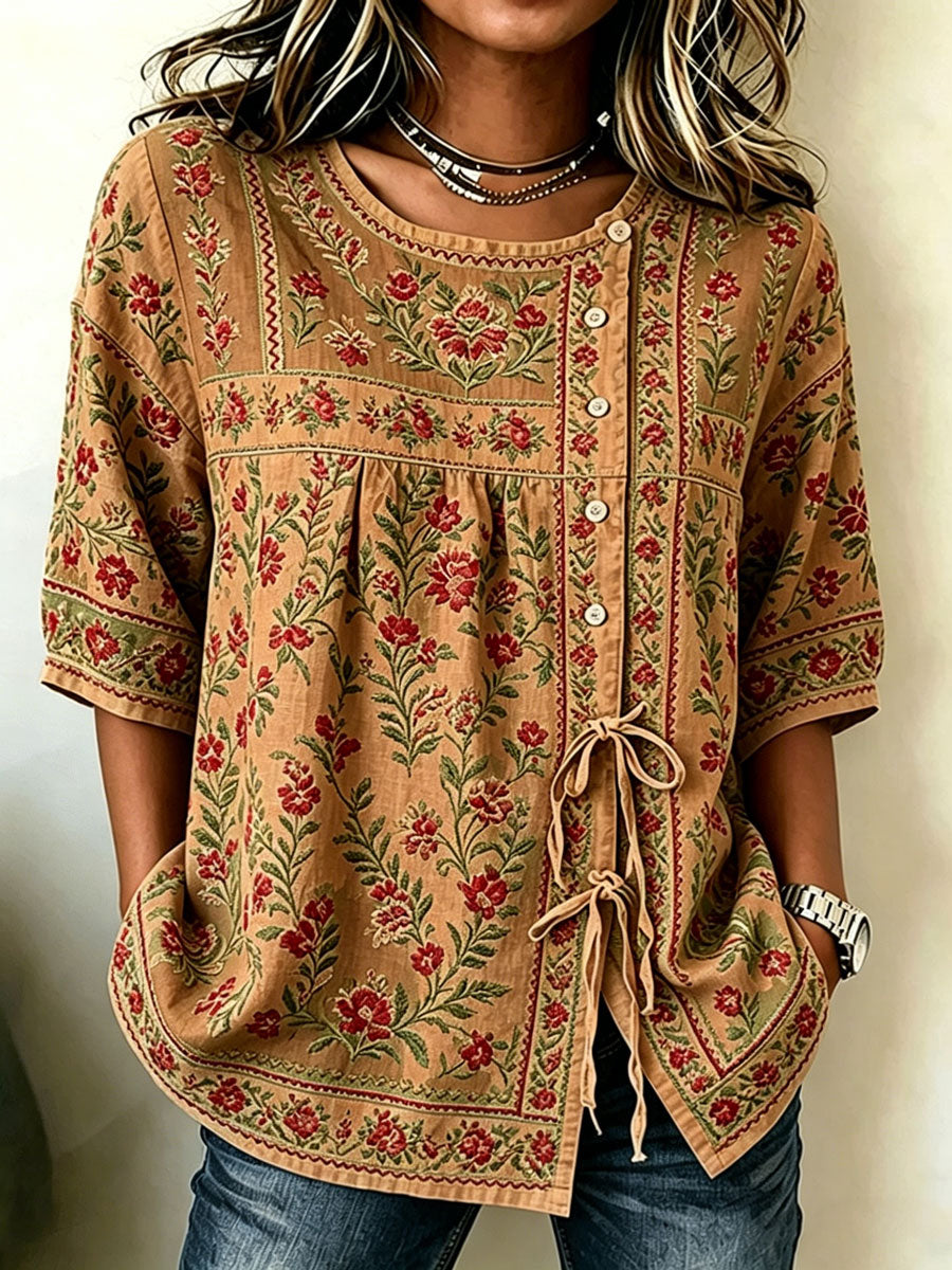 Women'S Cotton And Linen Casual Striped Print Top
