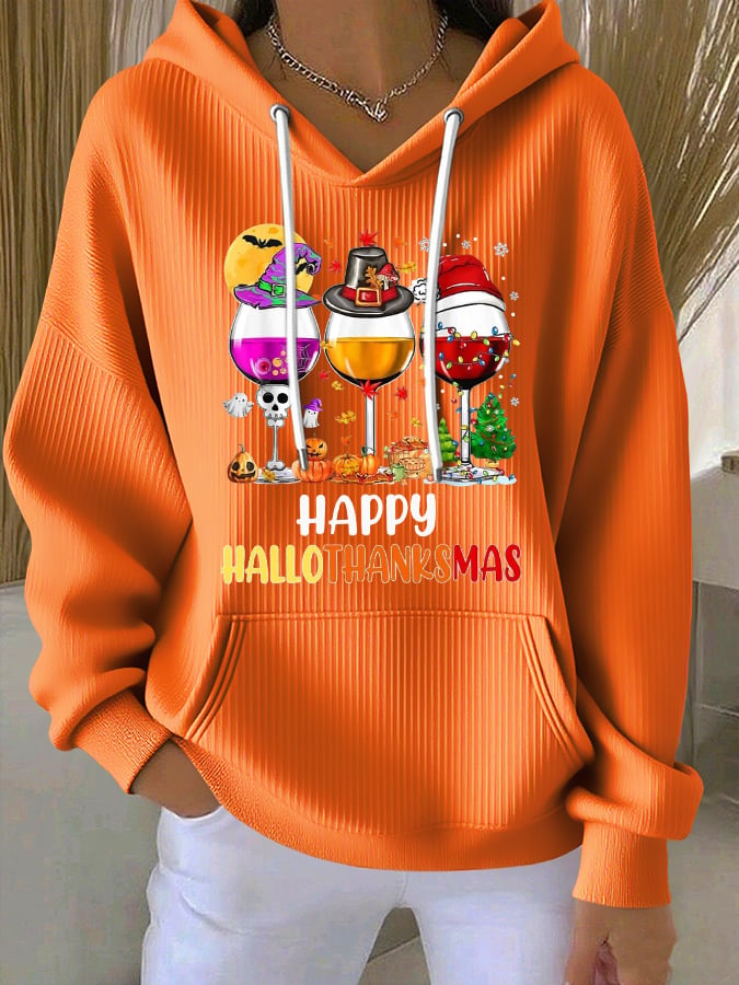 🔥HOT SALE🔥Women'S Happy HalloThanksMas Wine Print Casual Hoodie