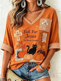 Women's Fall for Jesus He Never Leaves V-Neck Top