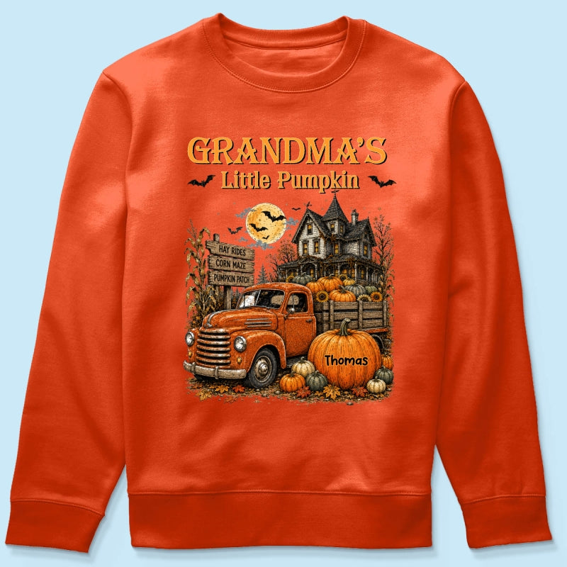 Retro Vintage Farmhouse Halloween Town Style Grandma's Little Pumpkins Truck - Personalized Shirt - Halloween Gift For Grandma