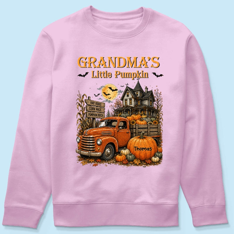 Retro Vintage Farmhouse Halloween Town Style Grandma's Little Pumpkins Truck - Personalized Shirt - Halloween Gift For Grandma