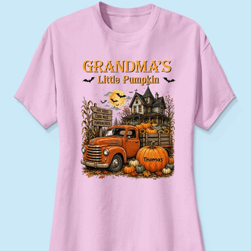 Retro Vintage Farmhouse Halloween Town Style Grandma's Little Pumpkins Truck - Personalized Shirt - Halloween Gift For Grandma