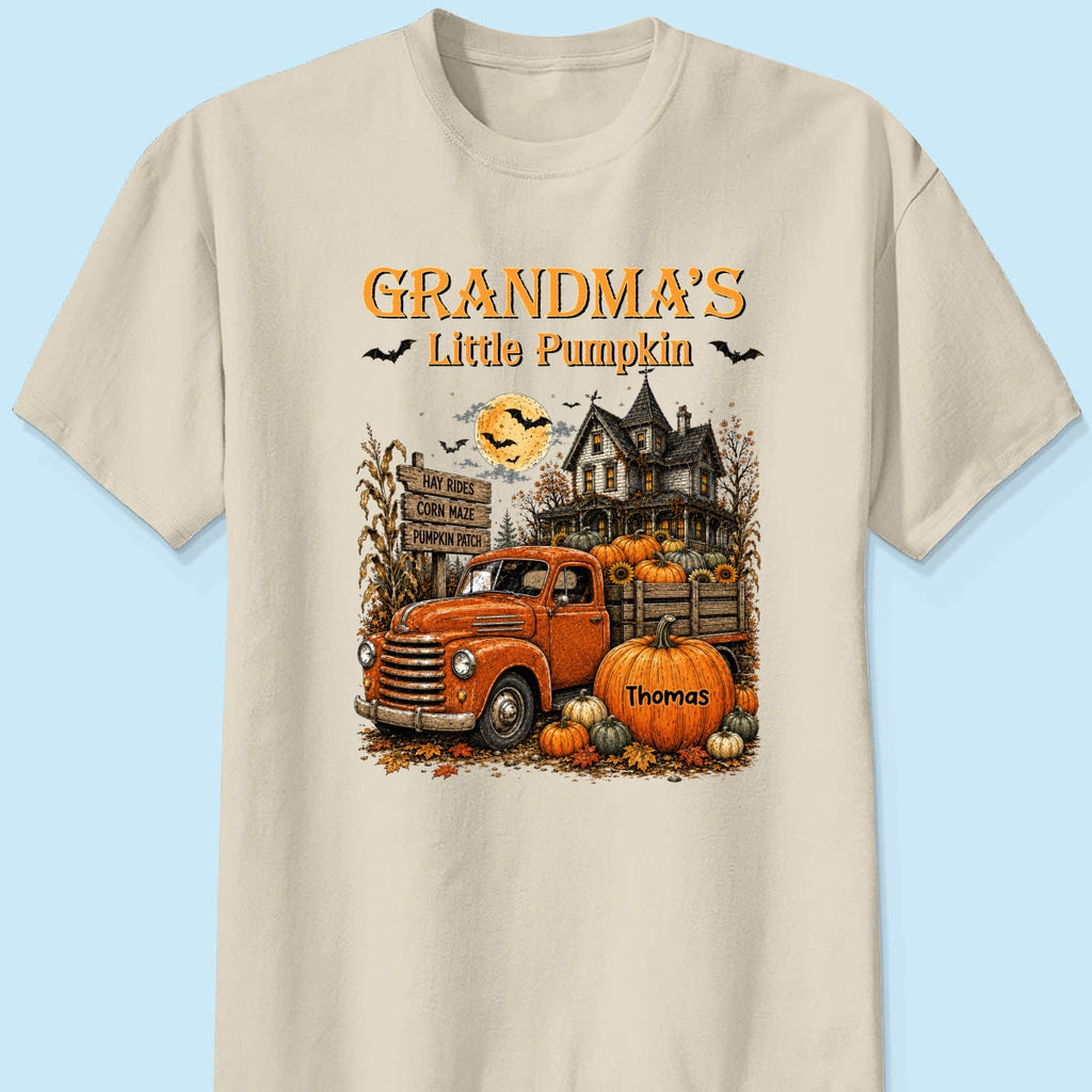 Retro Vintage Farmhouse Halloween Town Style Grandma's Little Pumpkins Truck - Personalized Shirt - Halloween Gift For Grandma