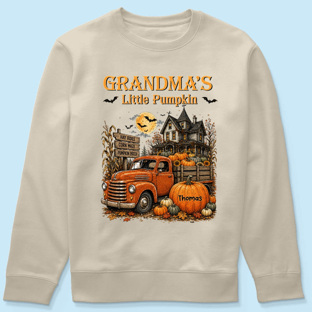 Retro Vintage Farmhouse Halloween Town Style Grandma's Little Pumpkins Truck - Personalized Shirt - Halloween Gift For Grandma