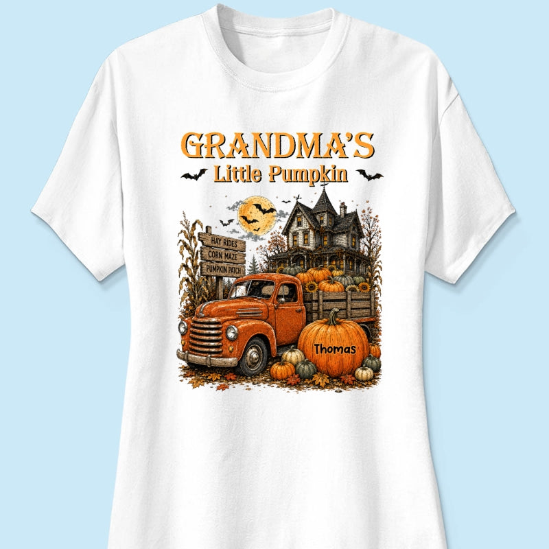 Retro Vintage Farmhouse Halloween Town Style Grandma's Little Pumpkins Truck - Personalized Shirt - Halloween Gift For Grandma