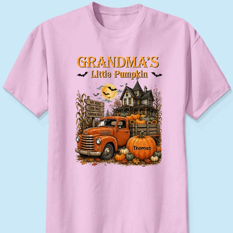 Retro Vintage Farmhouse Halloween Town Style Grandma's Little Pumpkins Truck - Personalized Shirt - Halloween Gift For Grandma