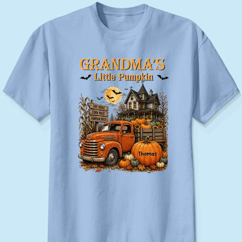 Retro Vintage Farmhouse Halloween Town Style Grandma's Little Pumpkins Truck - Personalized Shirt - Halloween Gift For Grandma