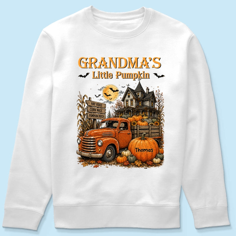 Retro Vintage Farmhouse Halloween Town Style Grandma's Little Pumpkins Truck - Personalized Shirt - Halloween Gift For Grandma