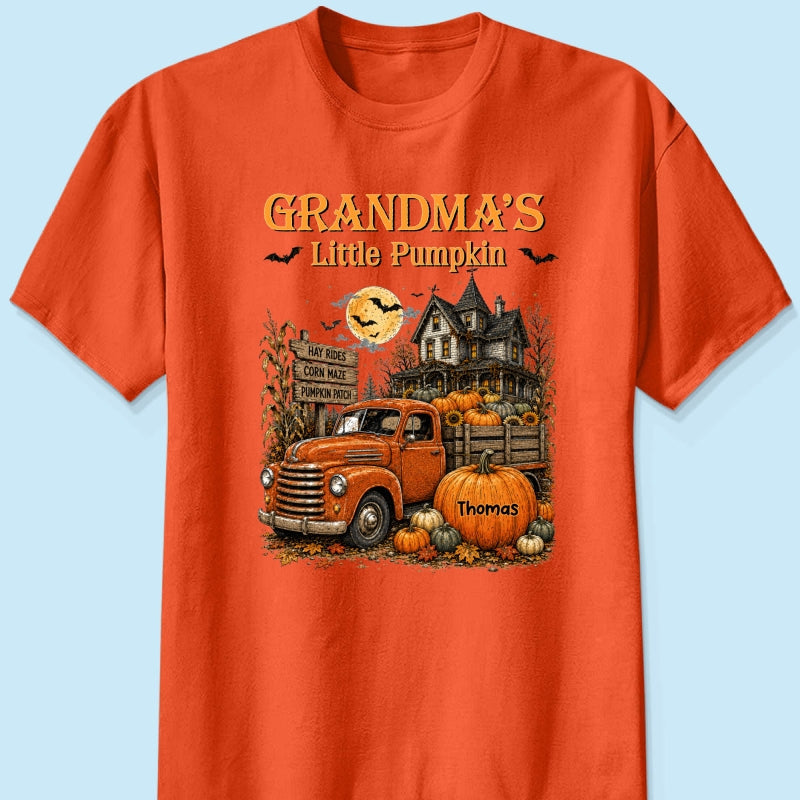 Retro Vintage Farmhouse Halloween Town Style Grandma's Little Pumpkins Truck - Personalized Shirt - Halloween Gift For Grandma