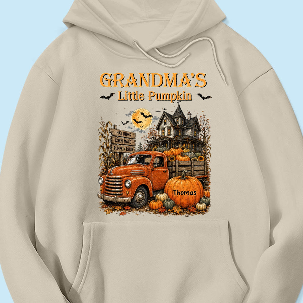 Retro Vintage Farmhouse Halloween Town Style Grandma's Little Pumpkins Truck - Personalized Shirt - Halloween Gift For Grandma