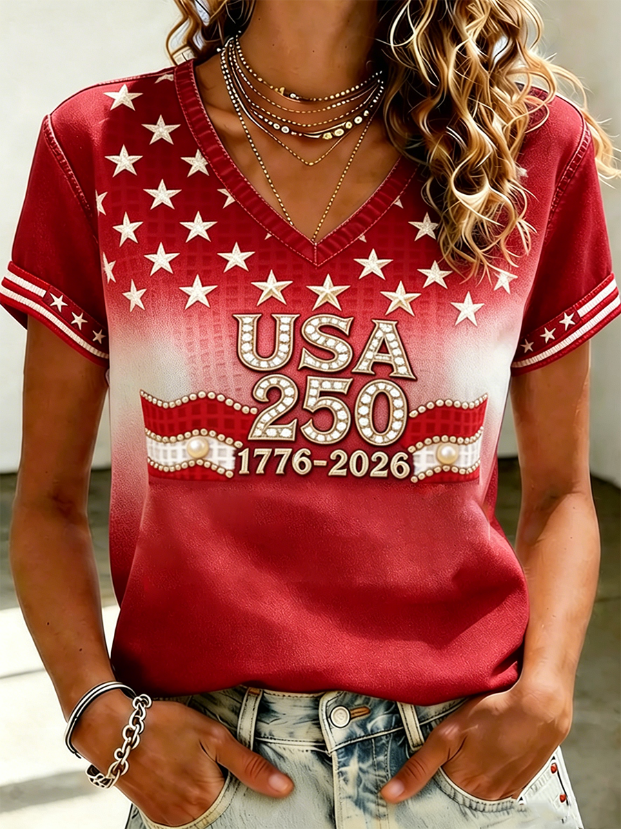 Women's Independence Day 250th Anniversary Printed V-neck T-shirt