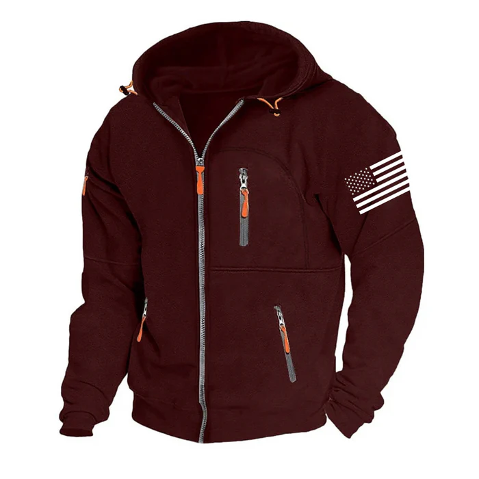 American Flag Fleece Contrast Raglan Zip Pattern Pocket Sweatshirt
