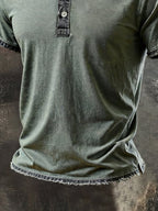 Men'S Vintage Washed Cotton Short-Sleeve Henley T-Shirt With Distressed Details