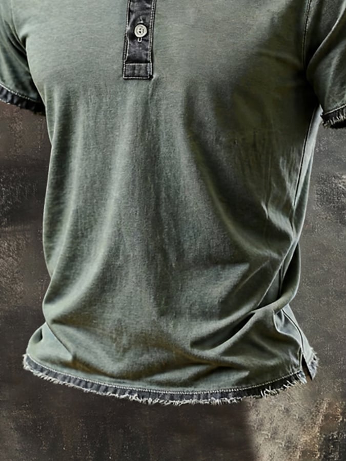 Men'S Vintage Washed Cotton Short-Sleeve Henley T-Shirt With Distressed Details
