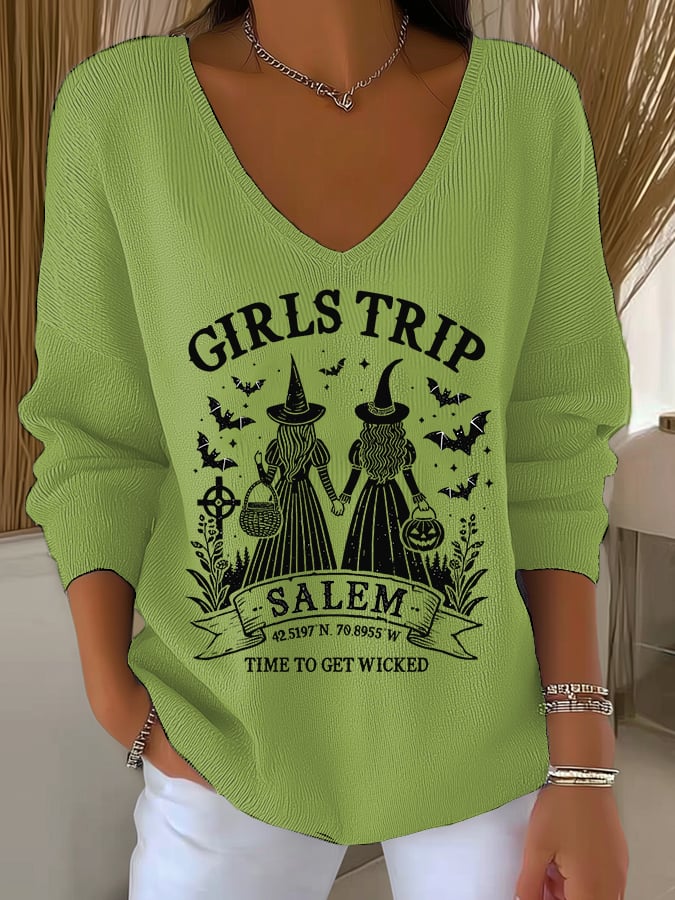 🔥HOT SALE🔥Women's Girls Trip Salem Witch Print V Neck Sweater