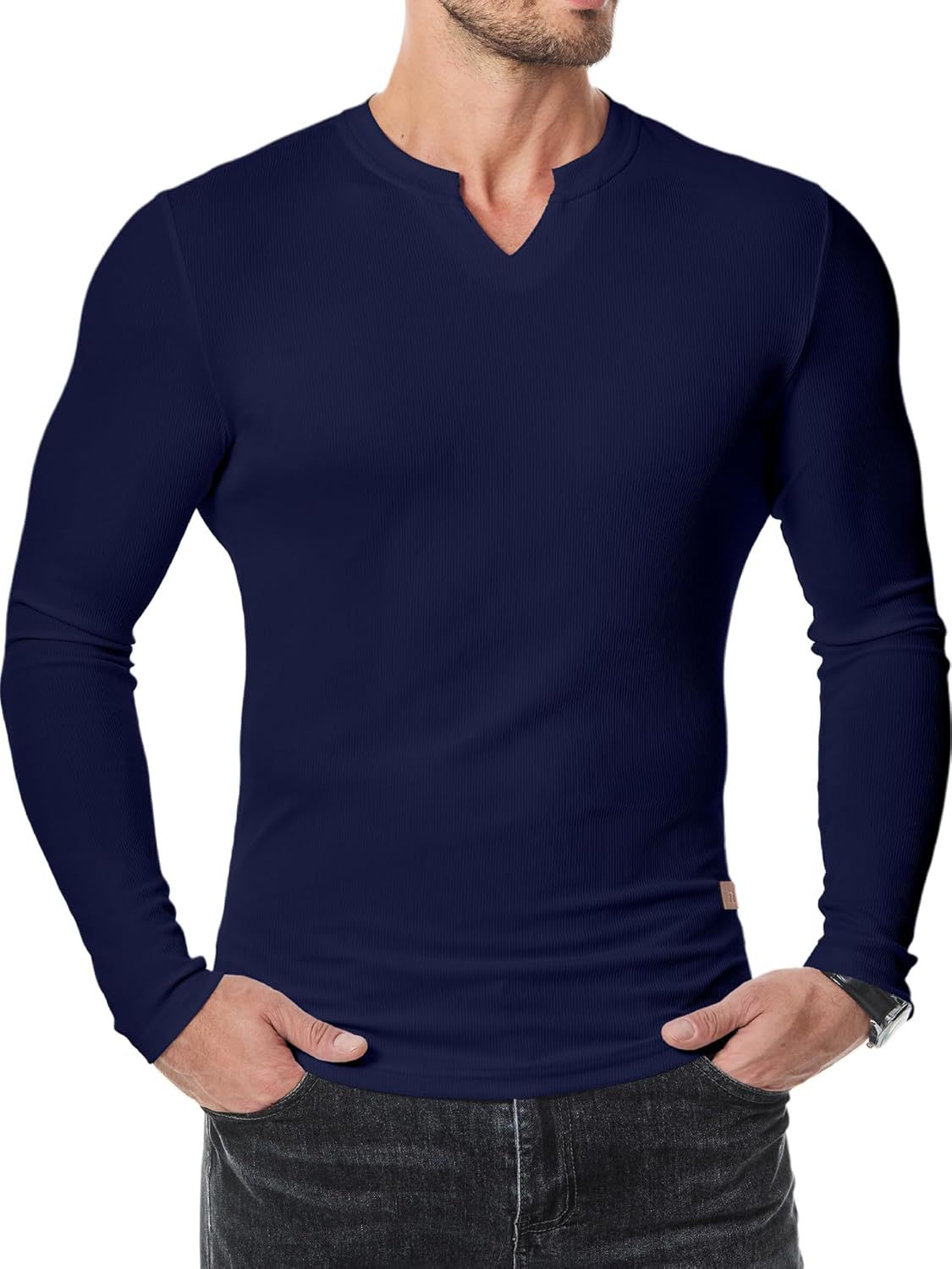 Men's Plain Casual Muscle Shirts for Men Slim Fitted T Shirt V-Neck Longline Ribbed Tees Shirts Long Sleeve Gym Workout Athletic Menswear Tops