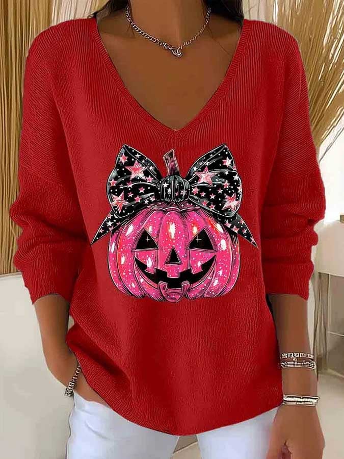 Women's Halloween Pumpkin Face Print Long Sleeve Top