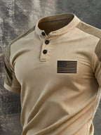 Men's Retro Patriotic Color-Block Short-Sleeve Henley T-Shirt
