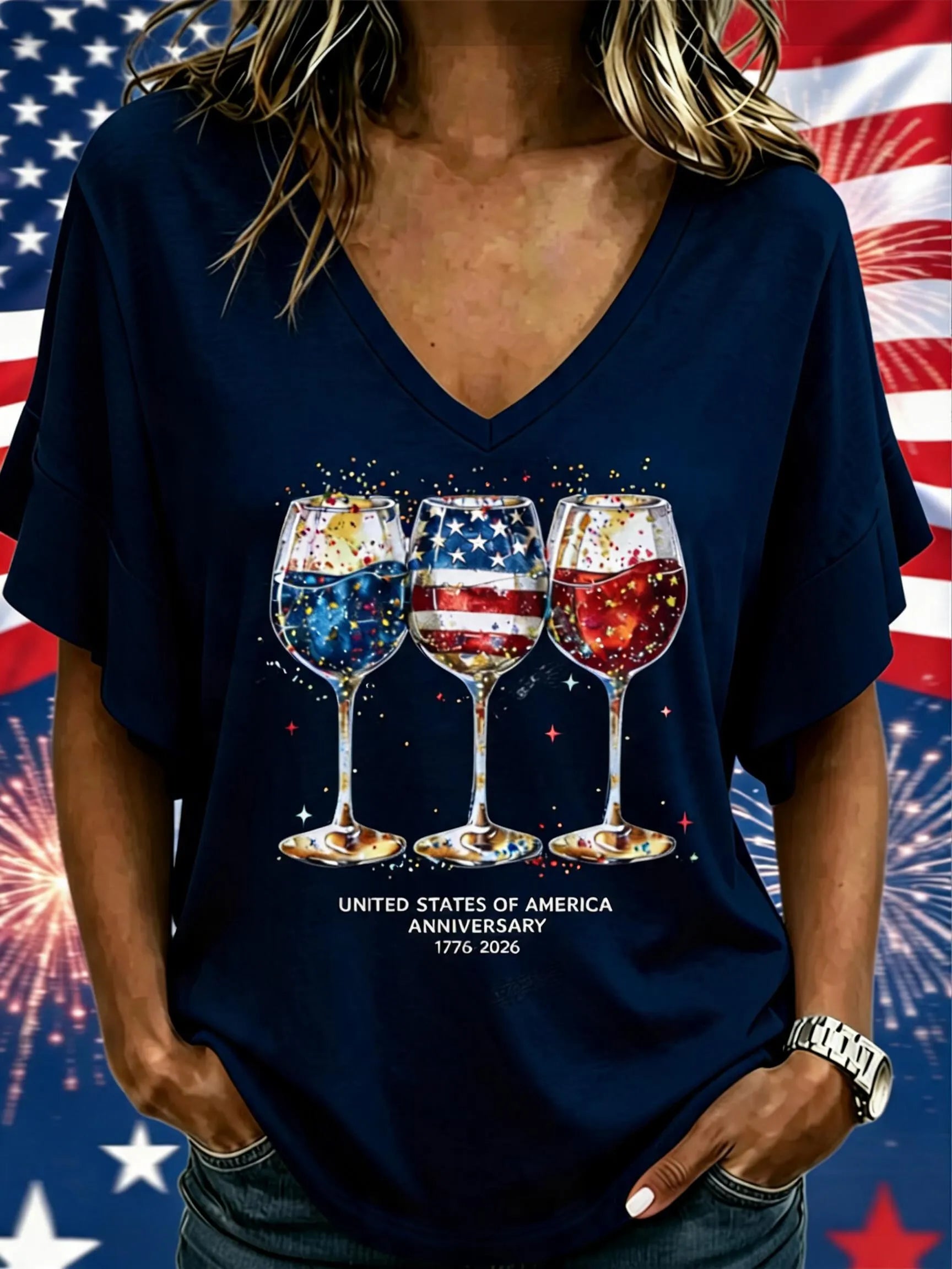 Women Wine Glass Celebration Print Short Sleeve Tee T-shirt V Neck Casual Summer Top
