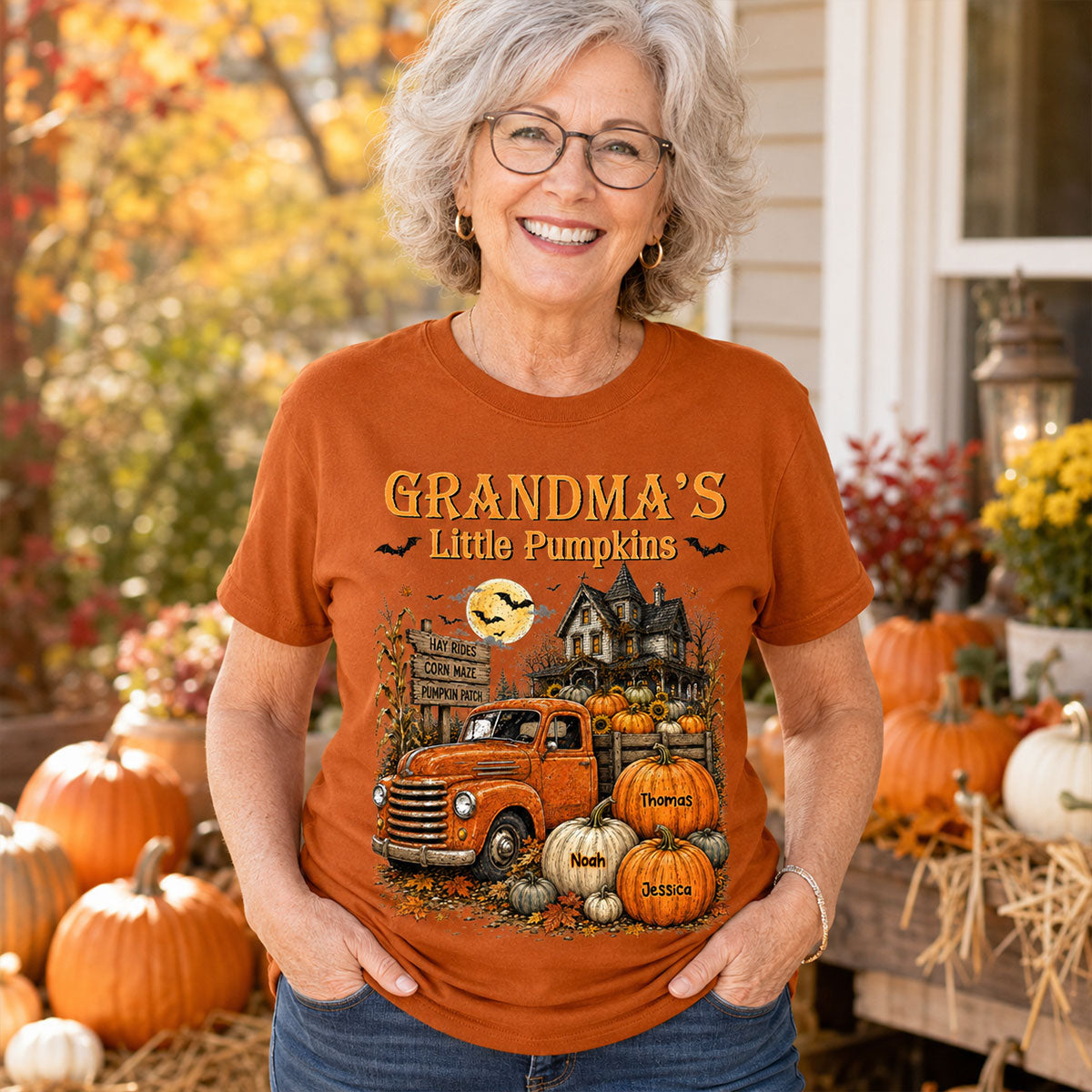 Retro Vintage Farmhouse Halloween Town Style Grandma's Little Pumpkins Truck - Personalized Shirt - Halloween Gift For Grandma