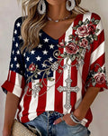 American Flag Cross Print V-neck Half Sleeved Loose Top