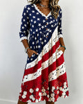 American Flag Striped Rose V-Neck Lace-Paneled Cotton Linen Casual Dress
