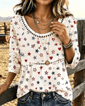 Colorful Heart Stars Print Round Neck Blouse