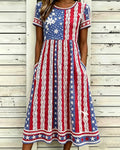 Colorful Star Striped Lace Print Pocket Casual Dress