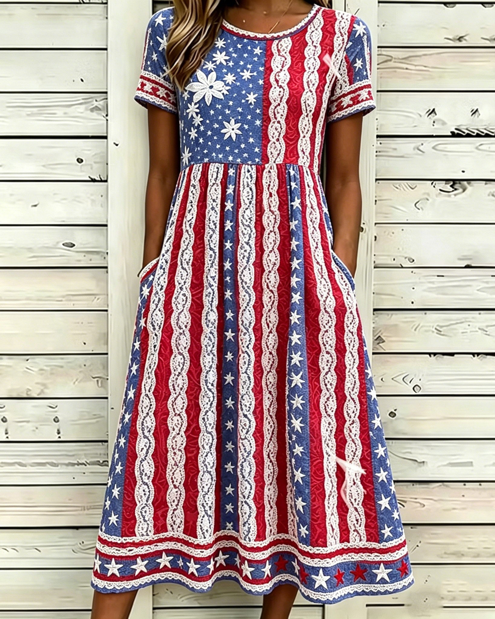 Colorful Star Striped Lace Print Pocket Casual Dress